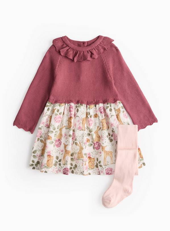 Plum Woodland Friends Twofer Dress & Tights Set 12-18 months